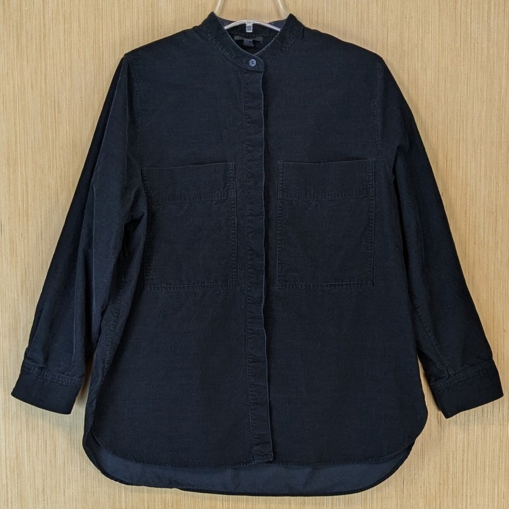 COS Women's Oversized Corduroy Band Collar Button Down Shirt Size 10 Black